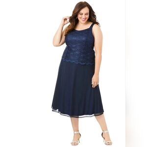 Roman's Women's Blue Floral Chiffon Sleeveless Sequined Formal Midi A-Line Dress